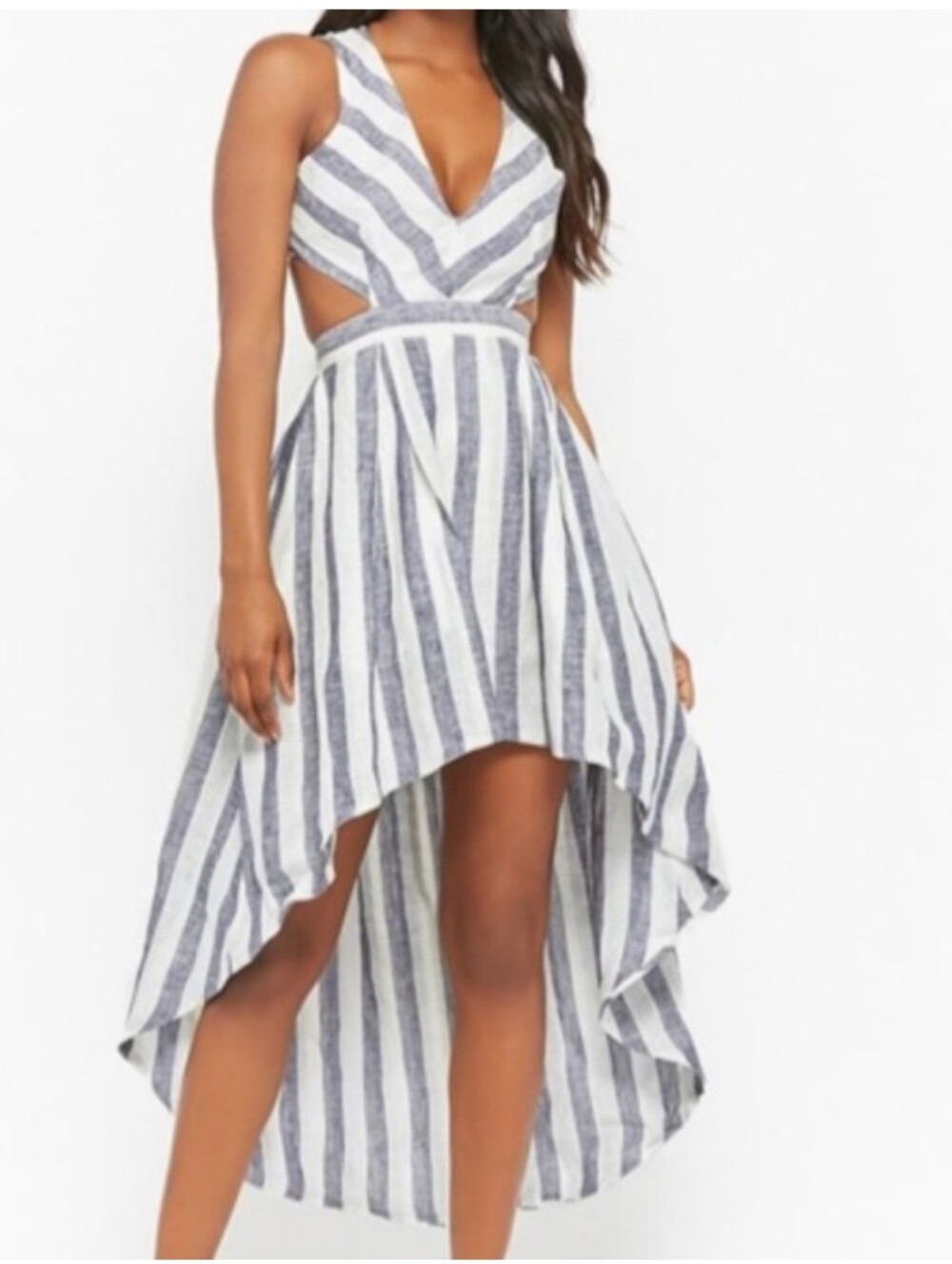 the clothing company White & Gray Striped V-Neck High-Low Dress Sx S